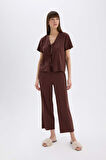 DeFacto Pijama Takımı Keten Kısa Kollu Pijama Üstü Esnek Belli Pijama Altı-Fall in Love E3571AX25SPBN166