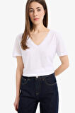 DeFacto Regular Fit V Yaka Basic Düz Kısa Kollu Beyaz Tişört W9578AZ25SPWT34