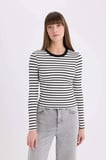 Slim Fit Dar Kesim Bisiklet Yaka Çizgili Uzun Kollu Tişört
