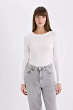 Slim Fit Dar Kesim Basic Düz Casual Fitilli Kaşkorse Uzun Kollu Tişört
