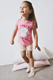 Kız Bebek Pijama Takımı Baskılı Kısa Kollu Fitilli Kaşkorse Üst Beli Lastikli Çizgili Şort
