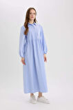 DeFacto Relax Fit Gömlek Yaka Desenli Poplin Uzun Kollu Maxi Tesettür Elbise E5262AX25SPBE759