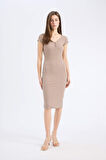 DeFacto Bodycon Vücudu Saran V Yaka Fitilli Kaşkorse Kısa Kollu Midi Elbise E7368AX25SPBG73