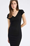 DeFacto Bodycon Vücudu Saran V Yaka Fitilli Kaşkorse Kısa Kollu Midi Elbise E7368AX25SPBK81