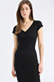 Bodycon Vücudu Saran V Yaka Fitilli Kaşkorse Kısa Kollu Midi Elbise