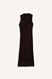 Bodycon Vücudu Saran Yarım Balıkçı Yaka Basic Düz Tül Kolsuz Maxi Elbise