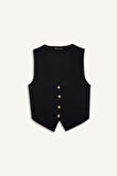 Crop V Yaka Keten Karışımlı Blazer Yelek