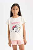 DeFacto Kız Çocuk Snoopy Pijama Takımı Kısa Kollu Üst Beli Lastikli Kısa Şort D9831A824WNER99