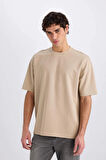 Defacto X3926 Bej Oversize Geniş Kalıp Ütü Gerektirmeyen Bisiklet Yaka Kısa Kollu Basic Düz Ağır Kumaş Tişört