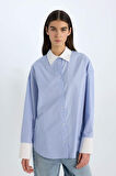 DeFacto Oversize Geniş Kalıp Çizgili Poplin Uzun Kollu Gömlek D9060AX24WNBE503