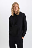 DeFacto Relax Fit Kapüşonlu Kanguru Cepli Kalın Basic Düz Siyah Sweatshirt W8071AZ24WNBK81
