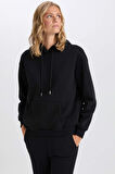 DeFacto Relax Fit Kapüşonlu Kanguru Cepli Kalın Basic Düz Siyah Sweatshirt W8071AZ24WNBK81