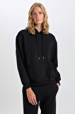 DeFacto Relax Fit Kapüşonlu Kanguru Cepli Kalın Basic Düz Siyah Sweatshirt W8071AZ24WNBK81