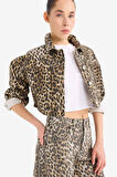 Oversize Geniş Kalıp Leopar Desenli Gabardin Uzun Kollu Gömlek Ceket