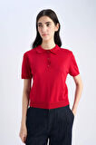DeFacto Regular Fit Polo Yaka Basic Düz Kısa Kollu Kırmızı Triko Kazak E3670AX25SMRD227
