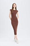 Bodycon Vücudu Saran Bisiklet Yaka Ribana Kısa Kollu Midi Elbise