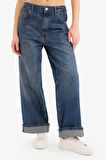 Baggy Fit Yüksek Bel Katlamalı Paça Uzun Jean Yıkamalı Pantolon