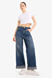 Baggy Fit Yüksek Bel Katlamalı Paça Uzun Jean Yıkamalı Pantolon