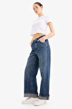 Baggy Fit Yüksek Bel Katlamalı Paça Uzun Jean Yıkamalı Pantolon