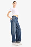 Baggy Fit Yüksek Bel Katlamalı Paça Uzun Jean Yıkamalı Pantolon