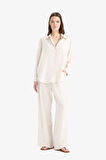 DeFacto Keten Karışımlı Pantolon Wide Leg Geniş Bol Paça Basic Düz Çift Cepli Yüksek Bel Standart Boy C6021AX25SPBG286