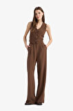 Wide Leg Fermuarlı Normal Bel Standart Boy Keten Karışımlı Pantolon