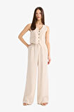 Wide Leg Fermuarlı Normal Bel Standart Boy Geniş Paça Keten Karışımlı Pantolon