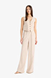 Wide Leg Fermuarlı Normal Bel Standart Boy Geniş Paça Keten Karışımlı Pantolon