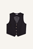 	V Yaka Keten Karışımlı Blazer Yelek