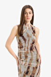 Bodycon Vücudu Saran Batik Tül Kolsuz Maxi Elbise