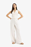 	Keten Karışımlı Pantolon Wide Leg Geniş Bol Paça Üç Cepli Normal Bel Basic Düz Standart Boy