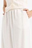 	Keten Karışımlı Pantolon Wide Leg Geniş Bol Paça Üç Cepli Normal Bel Basic Düz Standart Boy