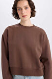 Boxy Fit Bisiklet Yaka Basic Düz Kalın Sweatshirt