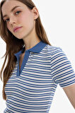DeFacto Fitted Polo Yaka Çizgili Fitilli Kaşkorse Kısa Kollu Tişört E7907AX25SMIN257
