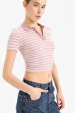 DeFacto Fitted Polo Yaka Çizgili Fitilli Kaşkorse Kısa Kollu Tişört E7907AX25SMBR138