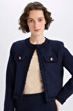 Crop Bisiklet Yaka Tweed Blazer Ceket