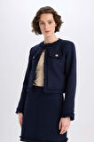 Crop Bisiklet Yaka Tweed Blazer Ceket