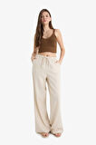 Wide Leg Çift Cepli Beli Lastikli Standart Boy Keten Karışımlı Pantolon