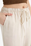 Wide Leg Çift Cepli Beli Lastikli Standart Boy Keten Karışımlı Pantolon