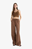 Wide Leg Çift Cepli Beli Lastikli Standart Boy Keten Karışımlı Pantolon