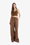 Wide Leg Çift Cepli Beli Lastikli Standart Boy Keten Karışımlı Pantolon