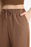 Wide Leg Çift Cepli Beli Lastikli Standart Boy Keten Karışımlı Pantolon