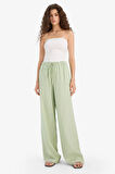 Wide Leg Çift Cepli Beli Lastikli Standart Boy Keten Karışımlı Pantolon