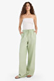 Wide Leg Çift Cepli Beli Lastikli Standart Boy Keten Karışımlı Pantolon