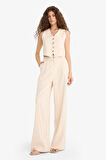 Wide Leg Çift Cepli Yüksek Bel Standart Boy Keten Karışımlı Pantolon