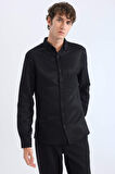 DeFacto Slim Fit Dar Kesim Polo Yaka Dokulu Uzun Kollu Siyah Gömlek T2066AZ25SPBK81