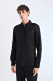 DeFacto Slim Fit Dar Kesim Polo Yaka Dokulu Uzun Kollu Siyah Gömlek T2066AZ25SPBK81