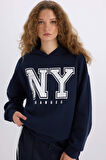 Loose Fit Kapüşonlu Baskılı Kalın Kumaş Sweatshirt