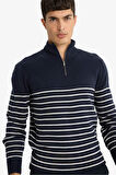 Defacto F1522 Lacivert Standart Fit Yarım Fermuarlı Çizgili Triko Kazak