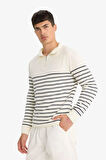 Defacto F1522 Ekru Standart Fit Yarım Fermuarlı Çizgili Triko Kazak